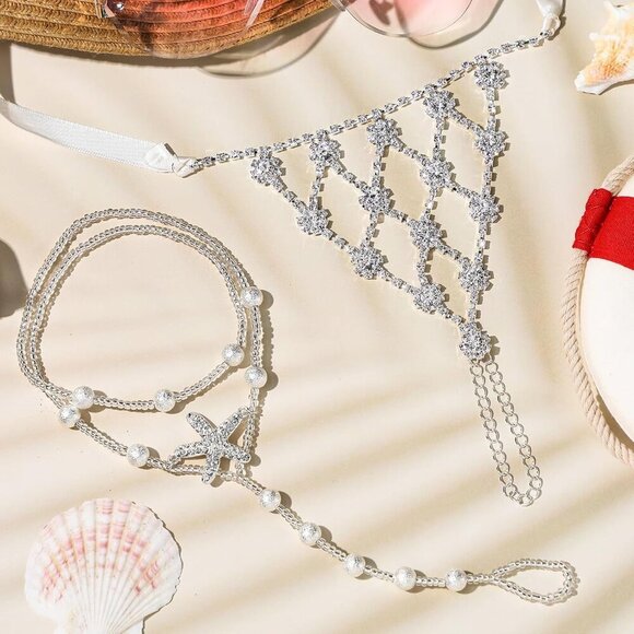 Barefoot Sandals Starfish Rhinestones Bead Chain Adjustable for Beach Parties - Picture 6 of 7
